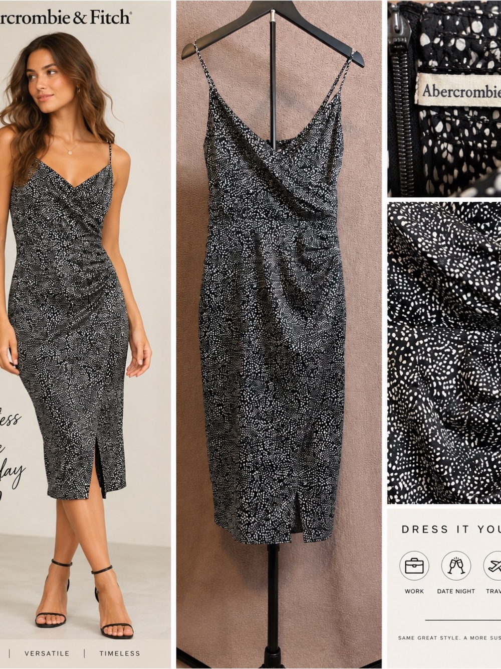 Abercrombie & Fitch Black White Print Cowl Neck Ruched Midi Dress Size S